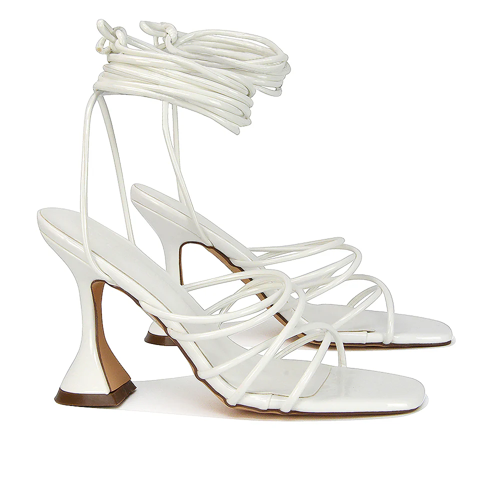 Dakota Lace Up Sculptured Strappy Square Toe Party High Heel Sandals in White Patent - Image 81