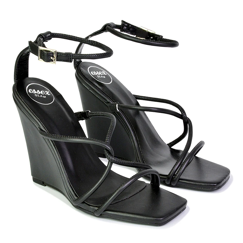 DANICA STRAPPY CROSS OVER SQUARE TOE WEDGE HIGH HEEL SUMMER SANDALS IN GREEN - Image 131