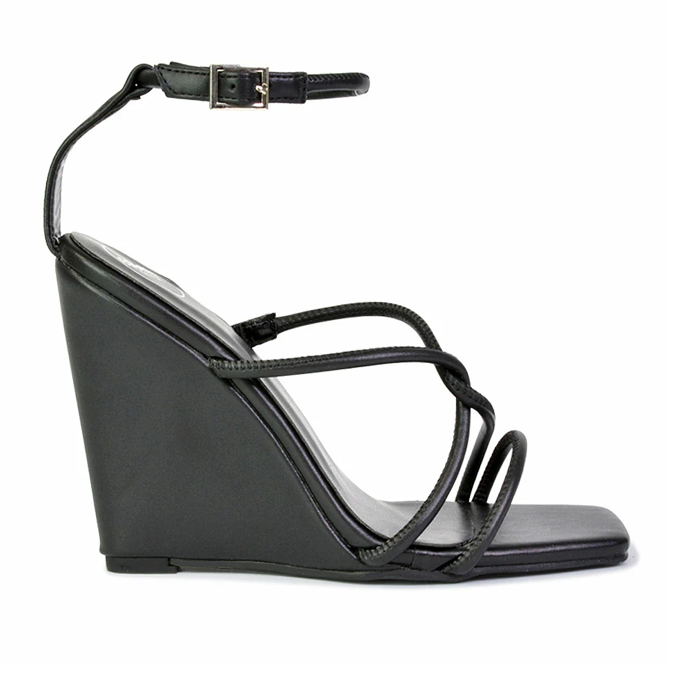 DANICA STRAPPY CROSS OVER SQUARE TOE WEDGE HIGH HEEL SUMMER SANDALS IN GREEN - Image 138
