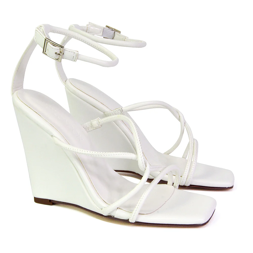 DANICA STRAPPY CROSS OVER SQUARE TOE WEDGE HIGH HEEL SUMMER SANDALS IN GREEN - Image 39