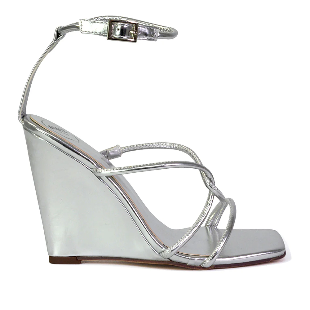 DANICA STRAPPY CROSS OVER SQUARE TOE WEDGE HIGH HEEL SUMMER SANDALS IN GREEN - Image 98
