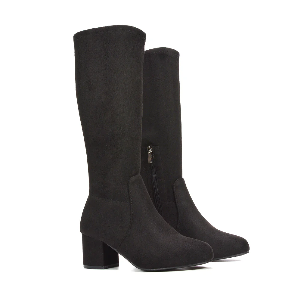 Darcie Block High Heel Stretchy Knee High Boots in Black Synthetic Leather - Image 9