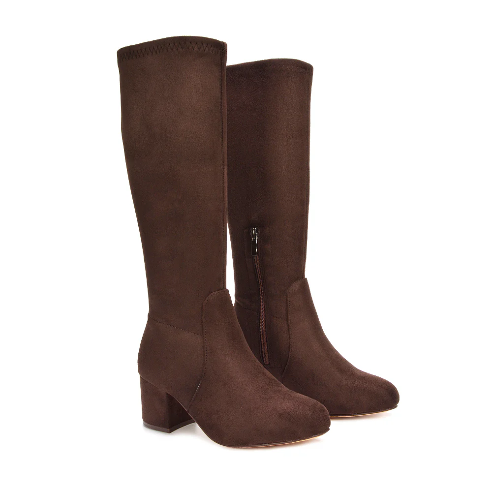 Darcie Block High Heel Stretchy Knee High Boots in Black Synthetic Leather - Image 17