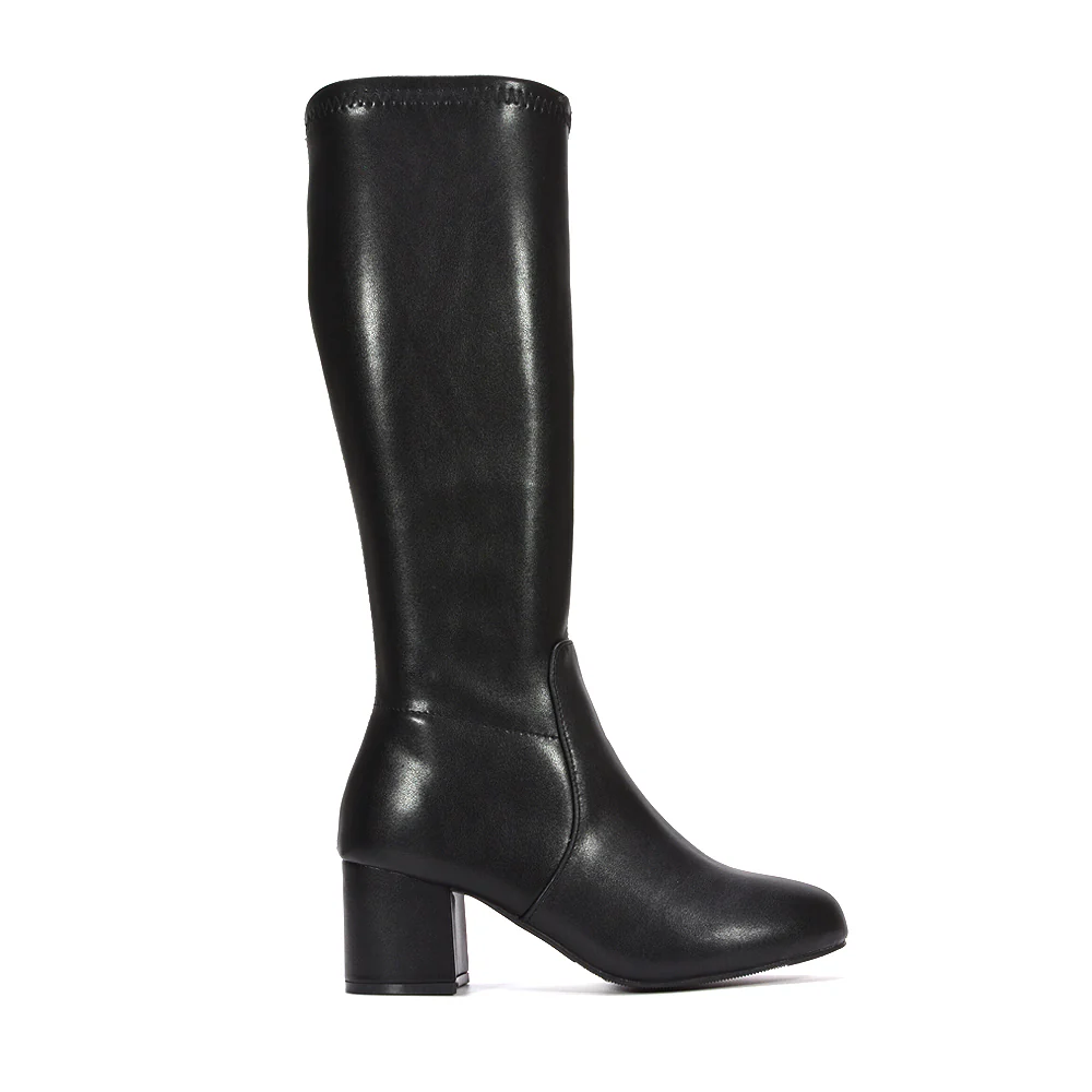 Darcie Block High Heel Stretchy Knee High Boots in Black Synthetic Leather