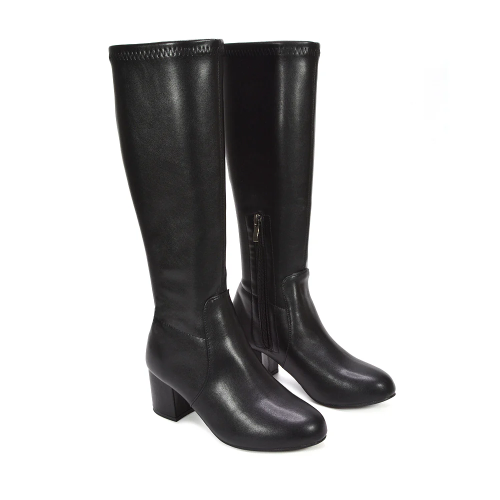 Darcie Block High Heel Stretchy Knee High Boots in Black Synthetic Leather - Image 2