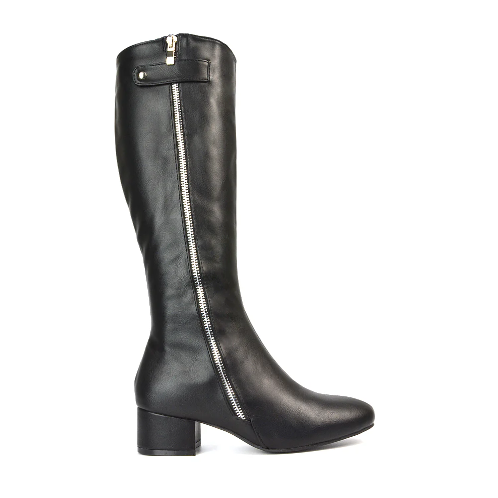Darcy Low Block Heel Zip Up Knee High Long Boots in Black Faux Suede - Image 12