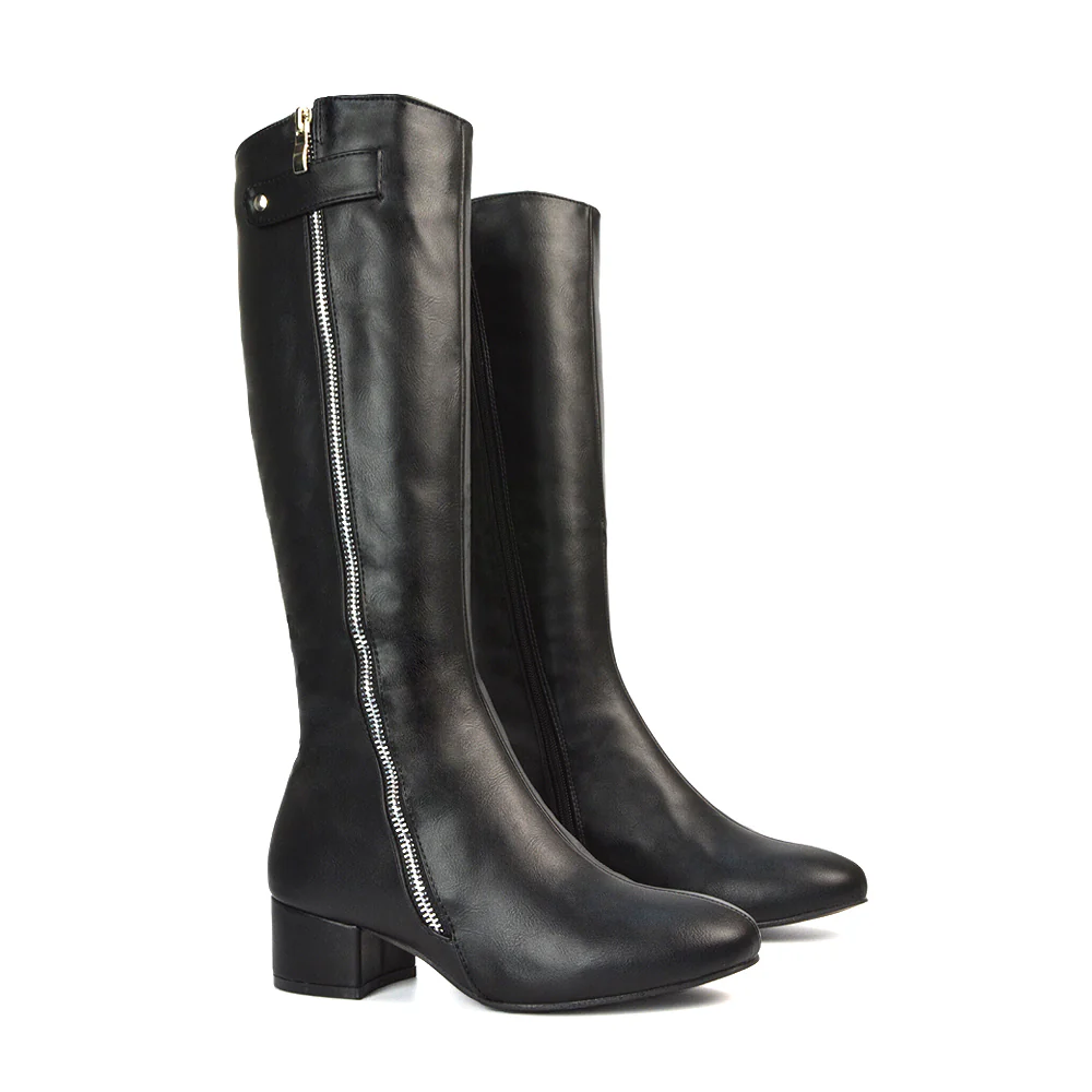 Darcy Low Block Heel Zip Up Knee High Long Boots in Black Faux Suede - Image 8