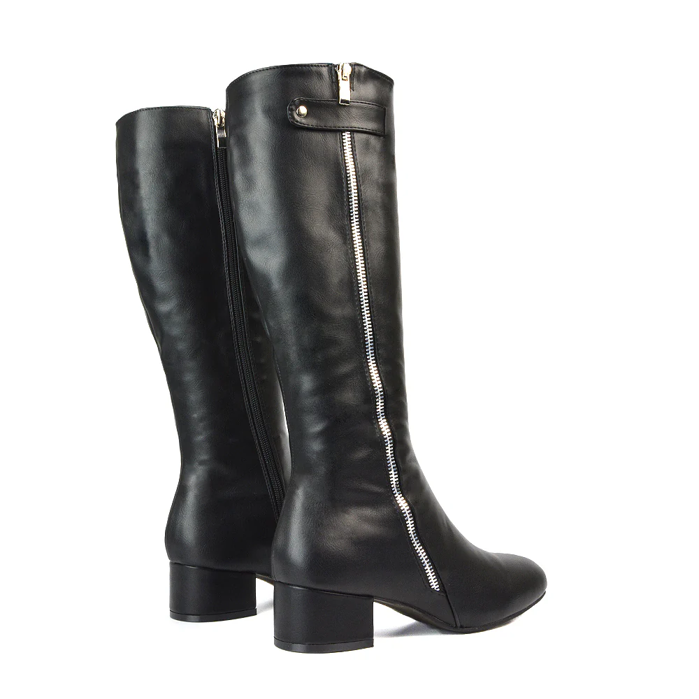 Darcy Low Block Heel Zip Up Knee High Long Boots in Black Faux Suede - Image 9