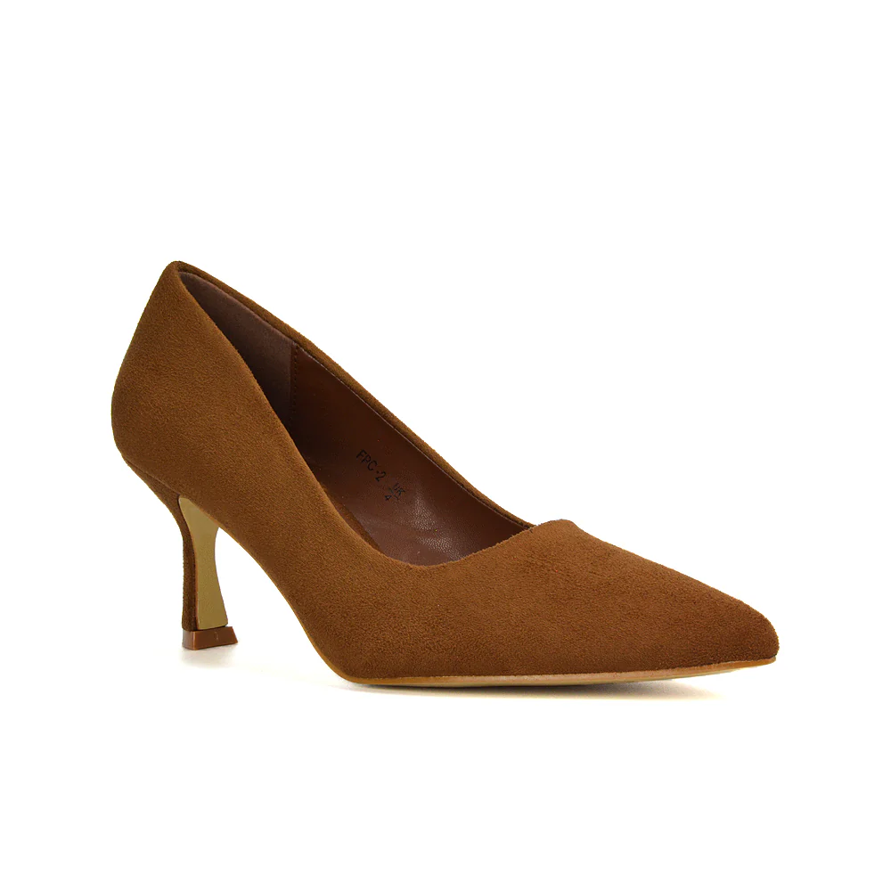 Darla Pointed Toe Mid Stiletto Heel Slip On Court Shoes in Brown Faux Suede - Image 6