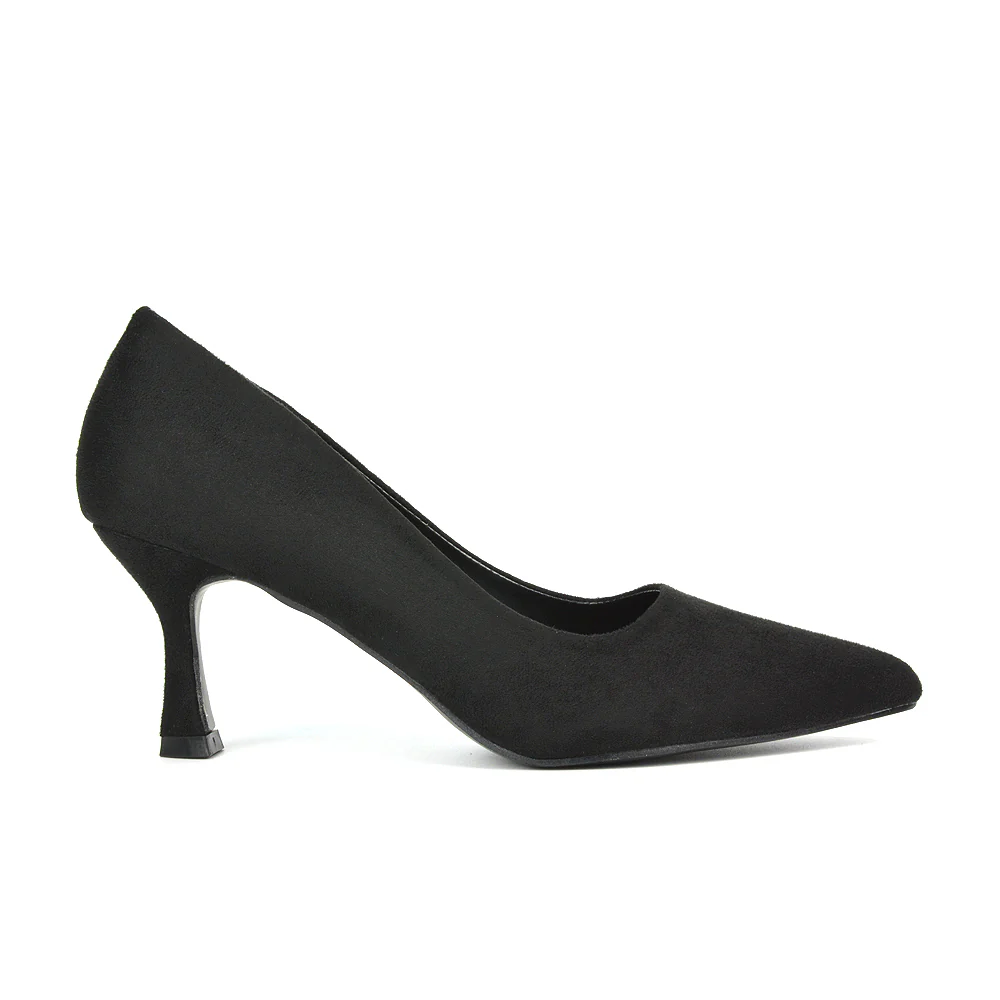 Darla Pointed Toe Mid Stiletto Heel Slip On Court Shoes in Brown Faux Suede - Image 14