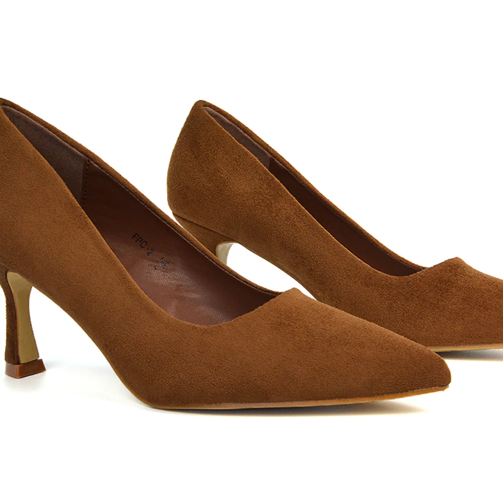 Darla Pointed Toe Mid Stiletto Heel Slip On Court Shoes in Brown Faux Suede - Image 2