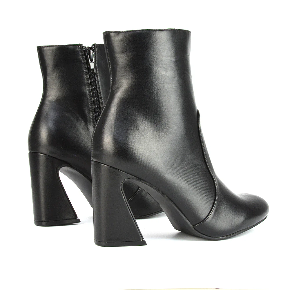 Davina Mid High Flared Sculptured Heel Zip-Up Ankle Boots in Black Synthetic Leather - Image 12