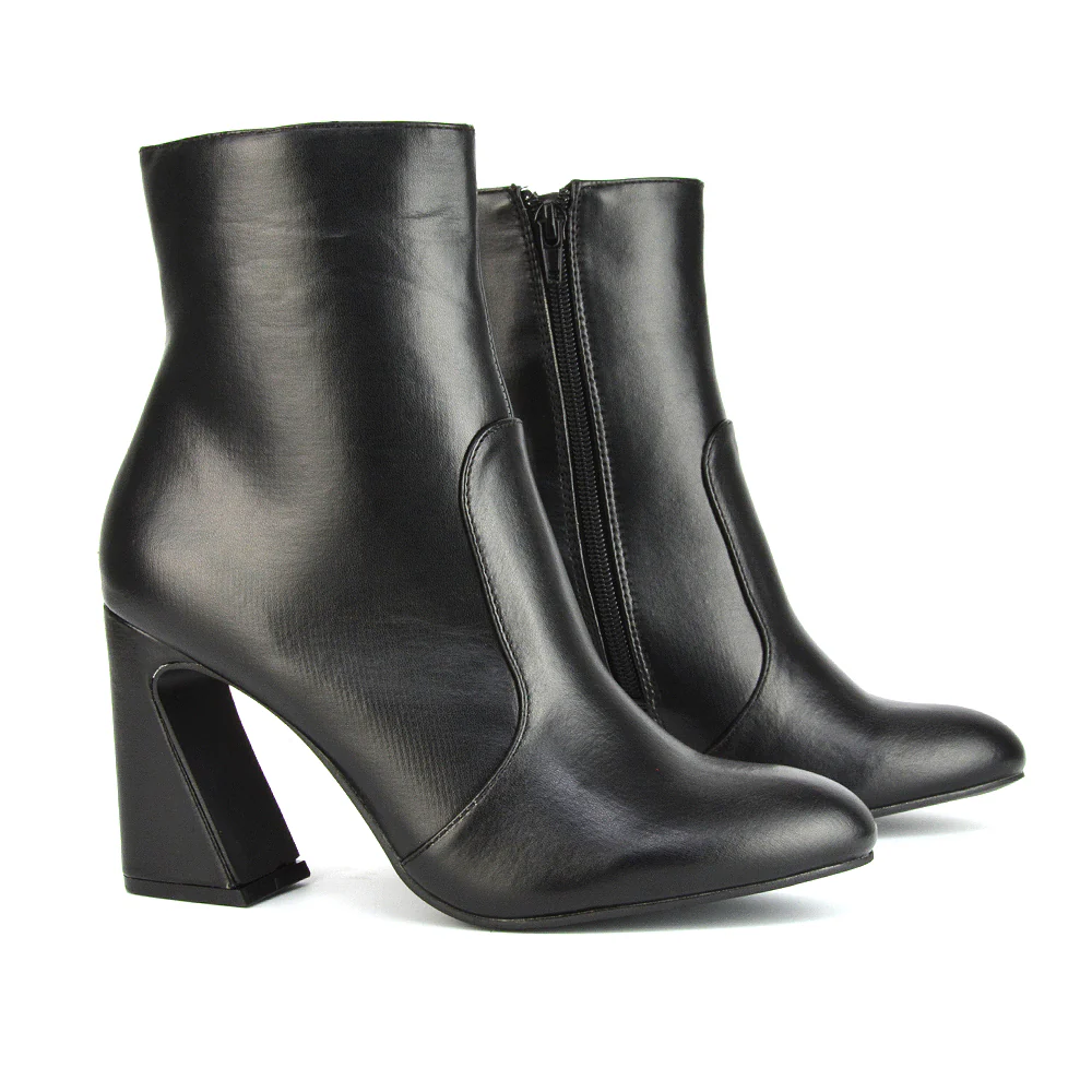 Davina Mid High Flared Sculptured Heel Zip-Up Ankle Boots in Black Synthetic Leather - Image 13