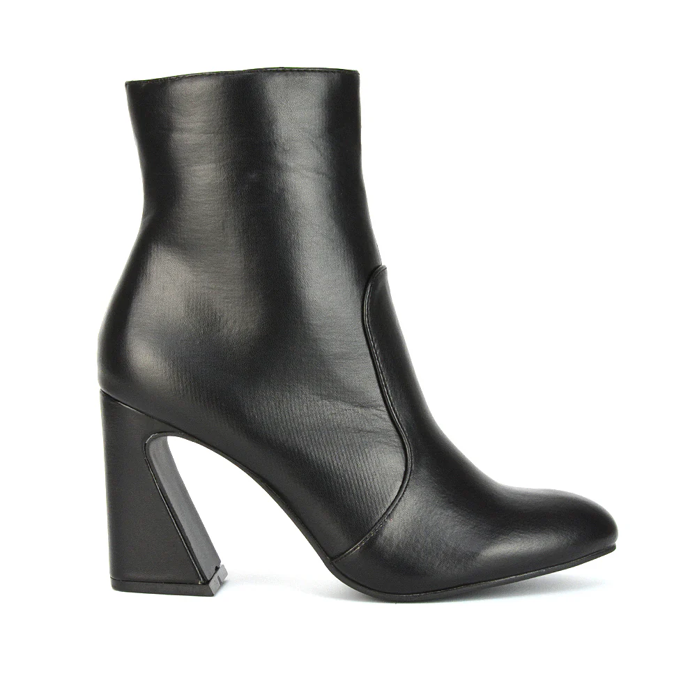 Davina Mid High Flared Sculptured Heel Zip-Up Ankle Boots in Black Synthetic Leather - Image 14