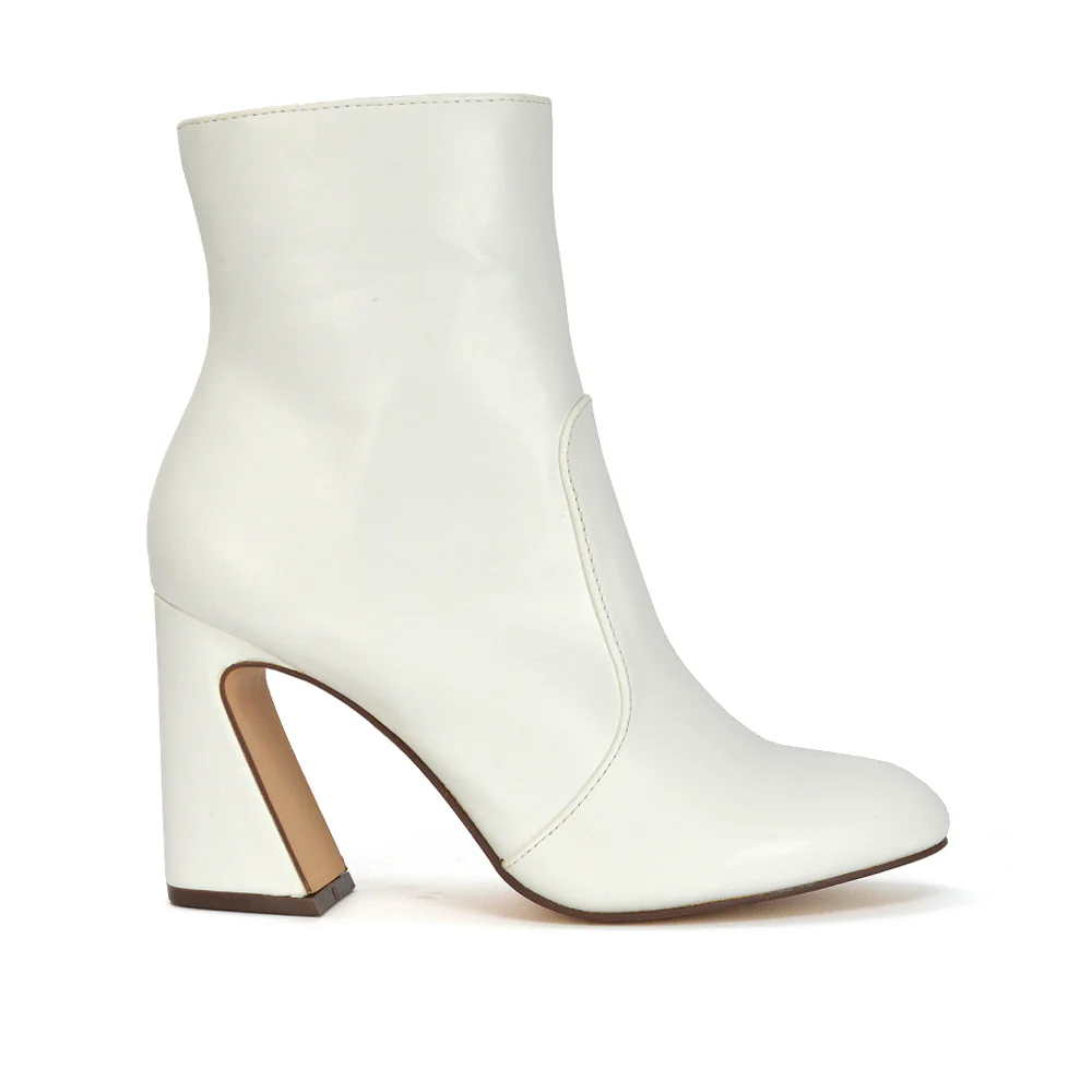 Davina Mid High Flared Sculptured Heel Zip-Up Ankle Boots in White Synthetic Leather - Image 29