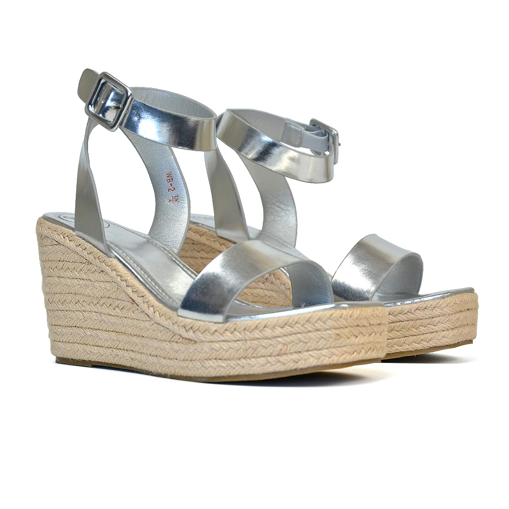 Dayla Platform Espadrille Sandal Wedge Heel With a Square Toe in Silver - Image 3