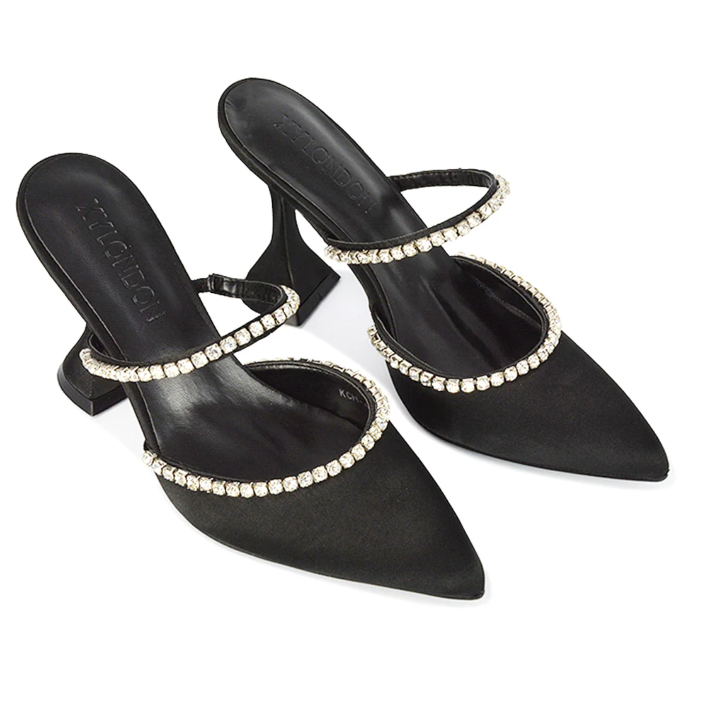 Deena Pointed Toe Diamante Flared High Heel Court Shoe Mule in Black Satin - Image 5