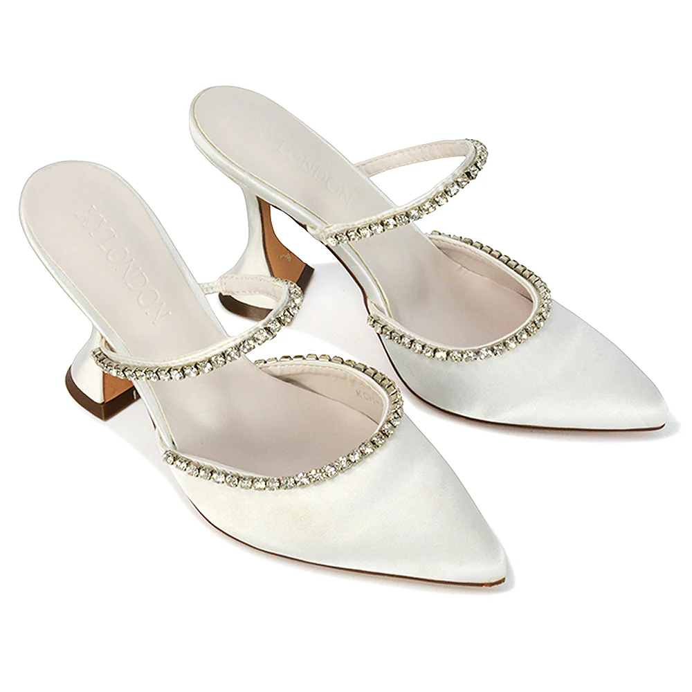 Deena Pointed Toe Diamante Flared High Heel Court Shoe Mule in Blue Satin - Image 127