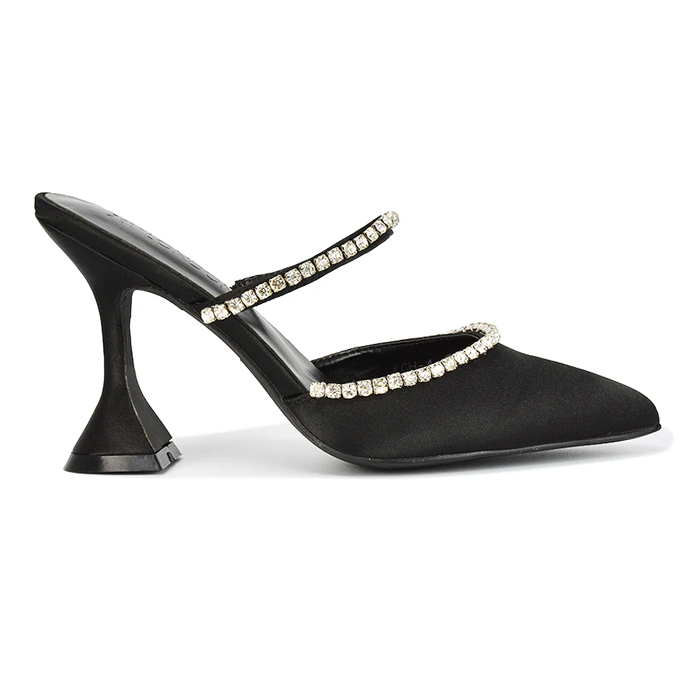 Deena Pointed Toe Diamante Flared High Heel Court Shoe Mule in Blue Satin - Image 130