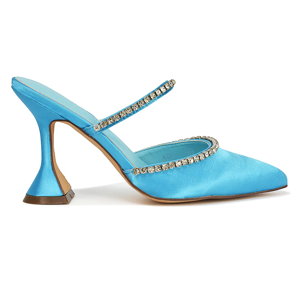 Deena Pointed Toe Diamante Flared High Heel Court Shoe Mule in Blue Satin - Image 3