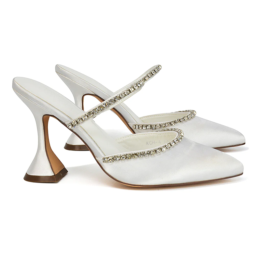 Deena Pointed Toe Diamante Flared High Heel Court Shoe Mule in Blue Satin - Image 52