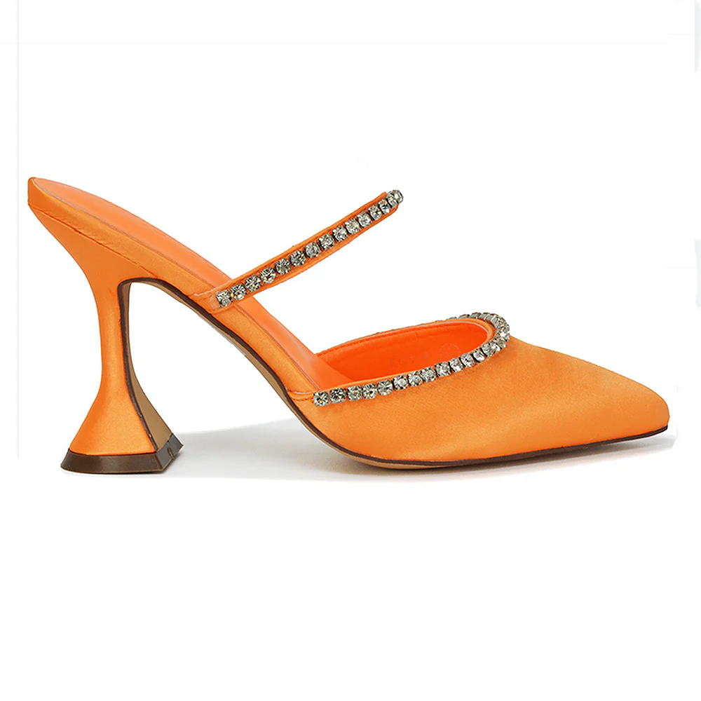 Deena Pointed Toe Diamante Flared High Heel Court Shoe Mule in Blue Satin - Image 90