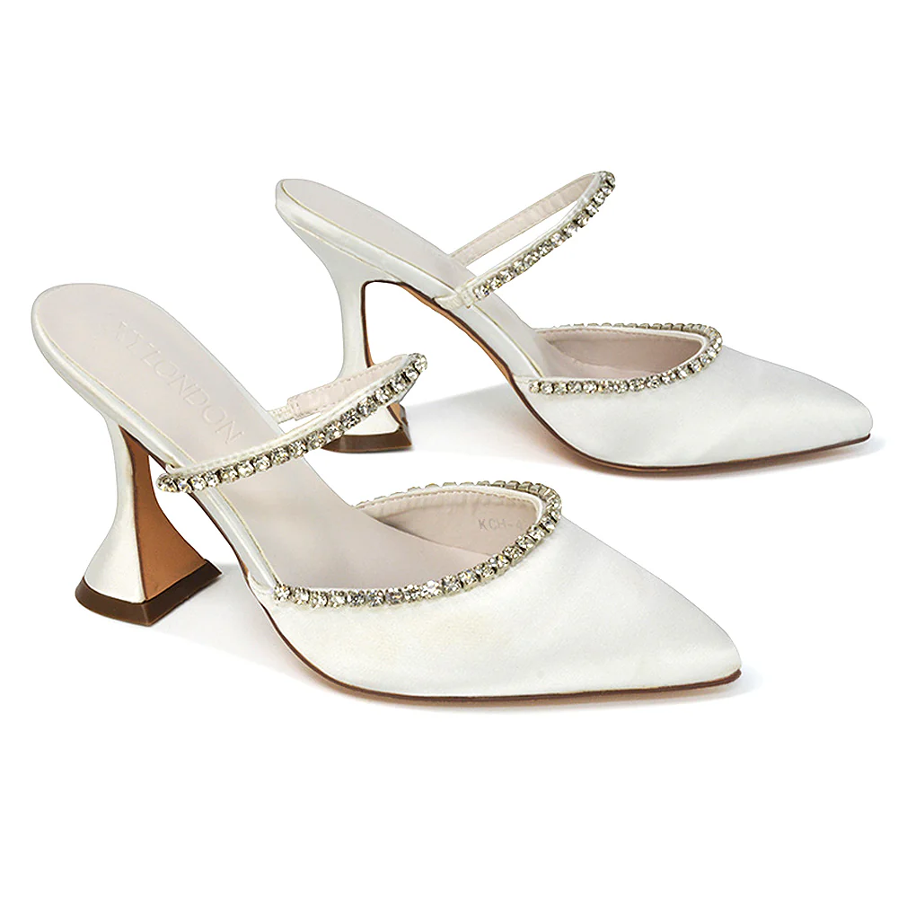 Deena Pointed Toe Diamante Flared High Heel Court Shoe Mule in Ivory Satin - Image 101