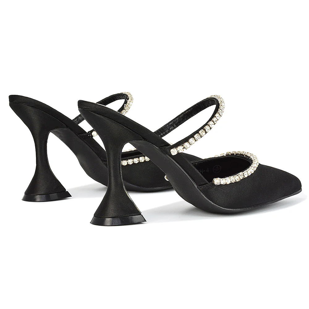 Deena Pointed Toe Diamante Flared High Heel Court Shoe Mule in Ivory Satin - Image 127