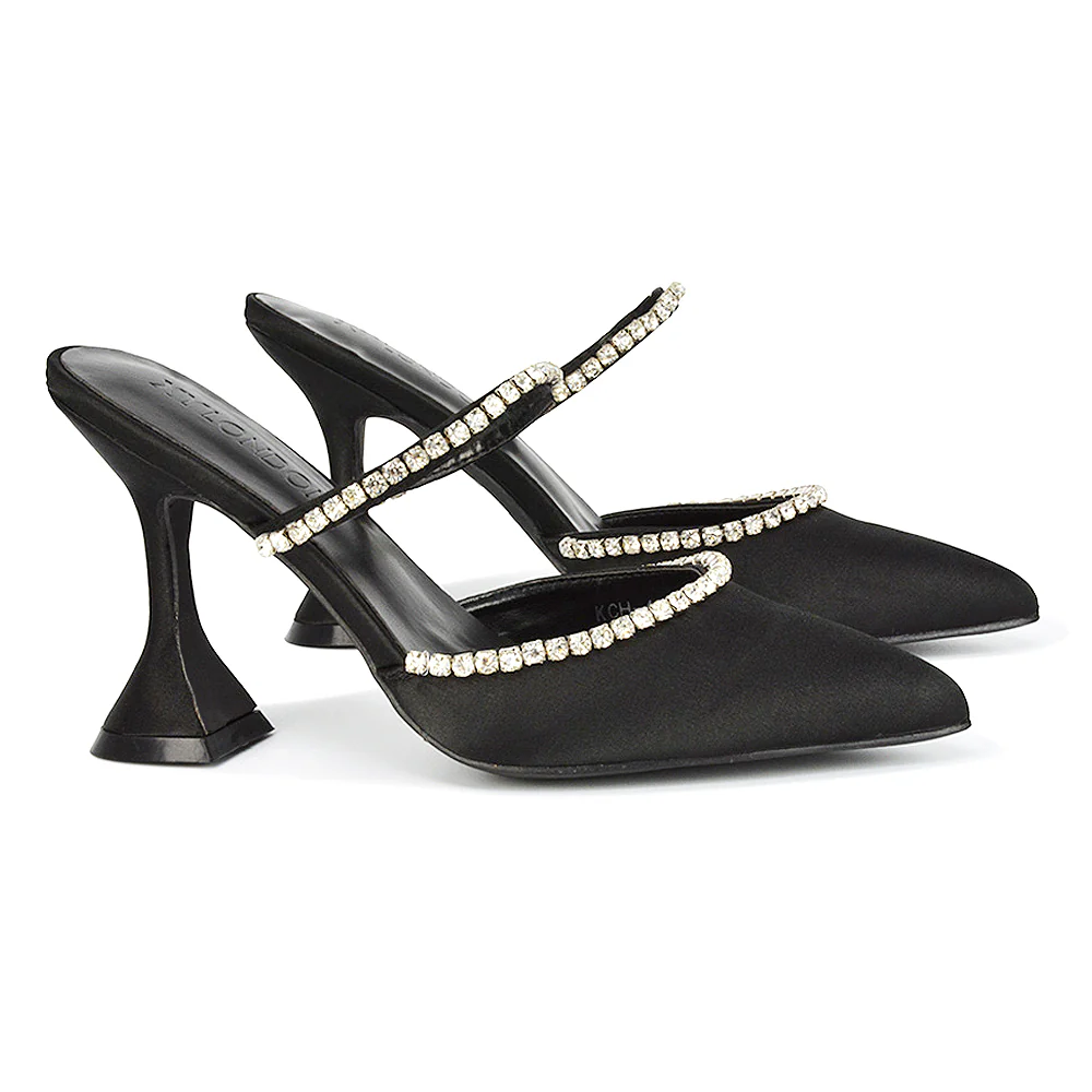 Deena Pointed Toe Diamante Flared High Heel Court Shoe Mule in Ivory Satin - Image 130