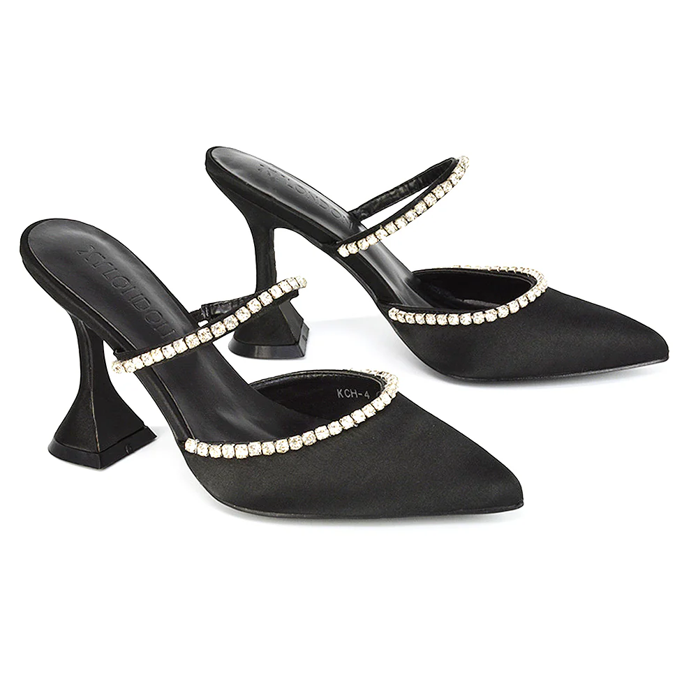 Deena Pointed Toe Diamante Flared High Heel Court Shoe Mule in Ivory Satin - Image 149