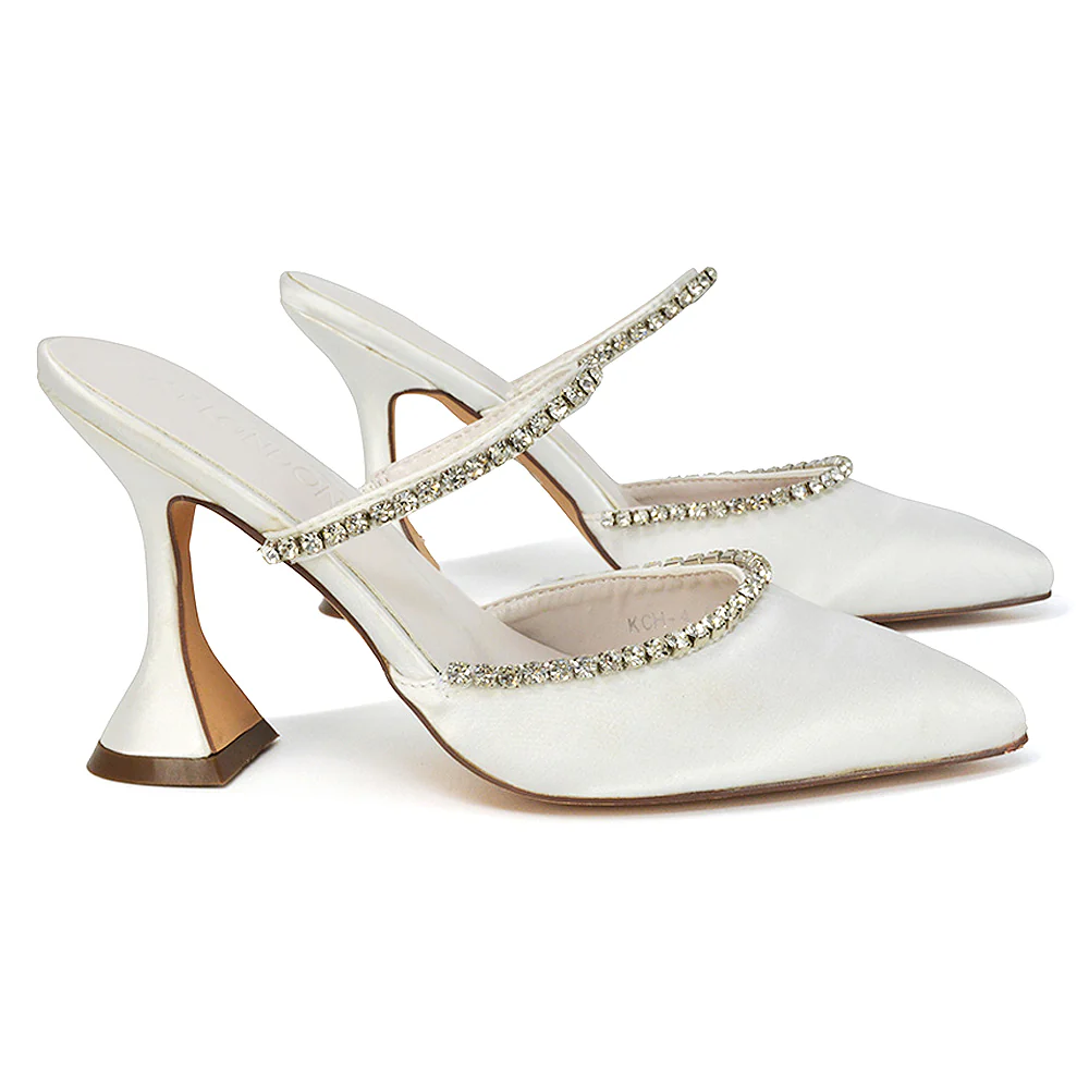 Deena Pointed Toe Diamante Flared High Heel Court Shoe Mule in Orange Satin - Image 124