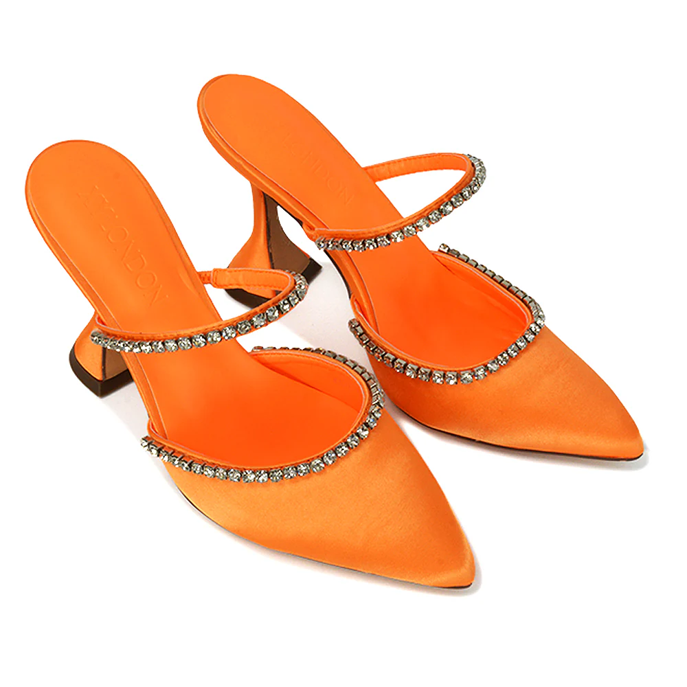 Deena Pointed Toe Diamante Flared High Heel Court Shoe Mule in Orange Satin - Image 5