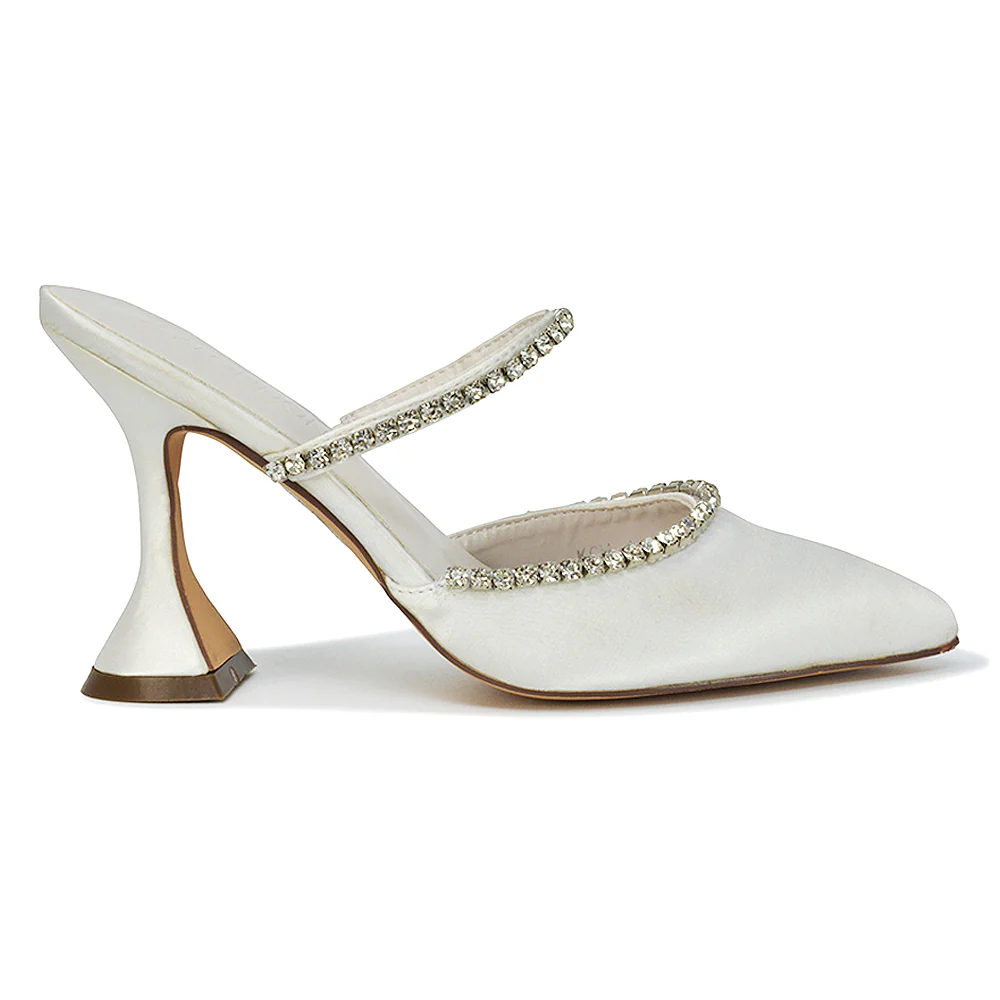 Deena Pointed Toe Diamante Flared High Heel Court Shoe Mule in Orange Satin - Image 98