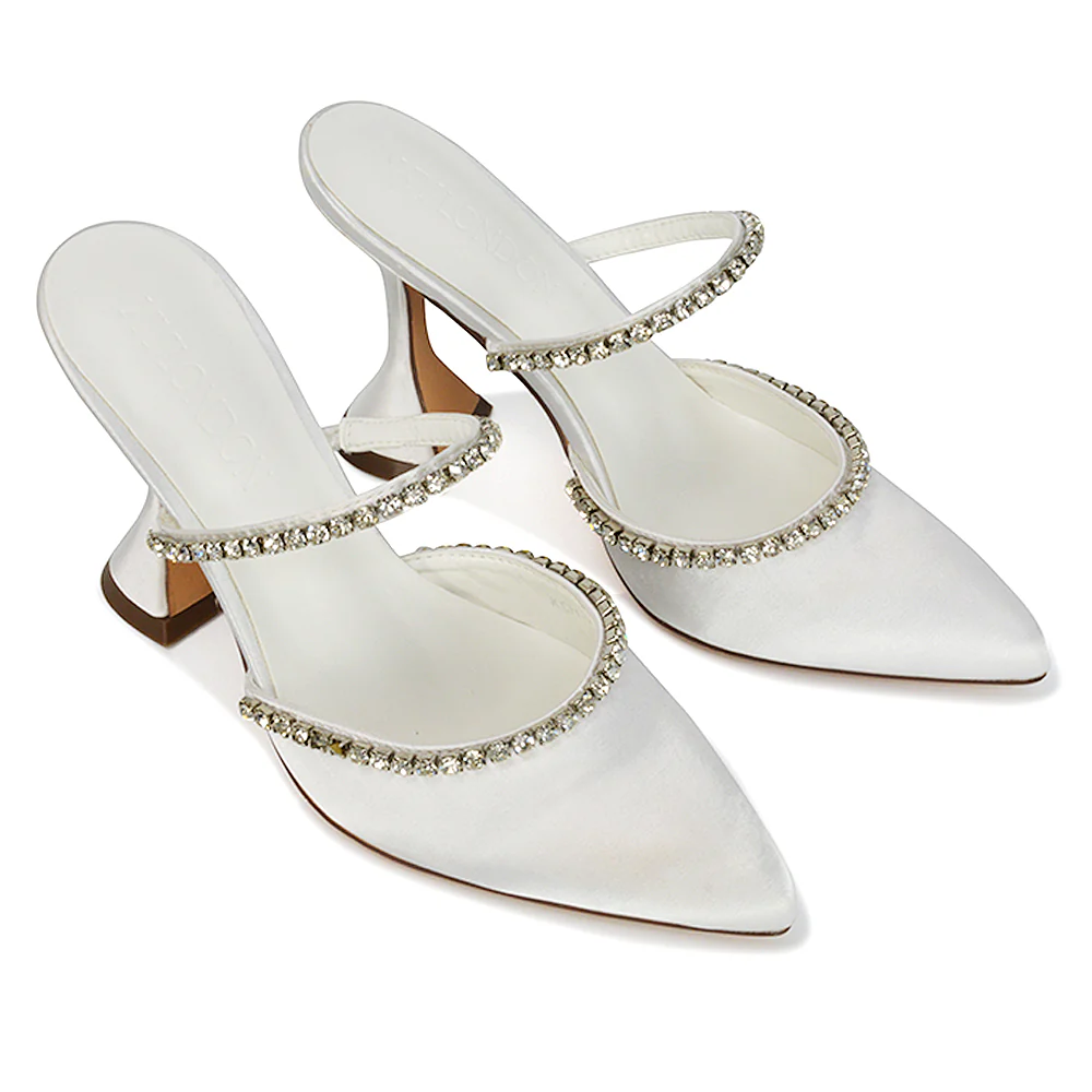 Deena Pointed Toe Diamante Flared High Heel Court Shoe Mule in White Satin - Image 41