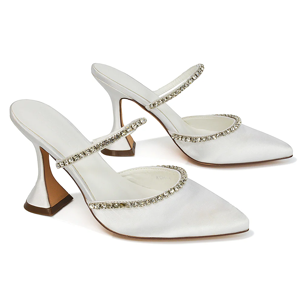 Deena Pointed Toe Diamante Flared High Heel Court Shoe Mule in White Satin - Image 59