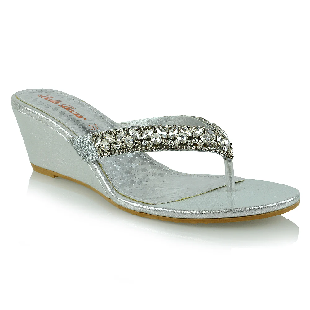 Delilah Toe Post Diamante Strappy Wedge Heel Sandal Mules In Silver