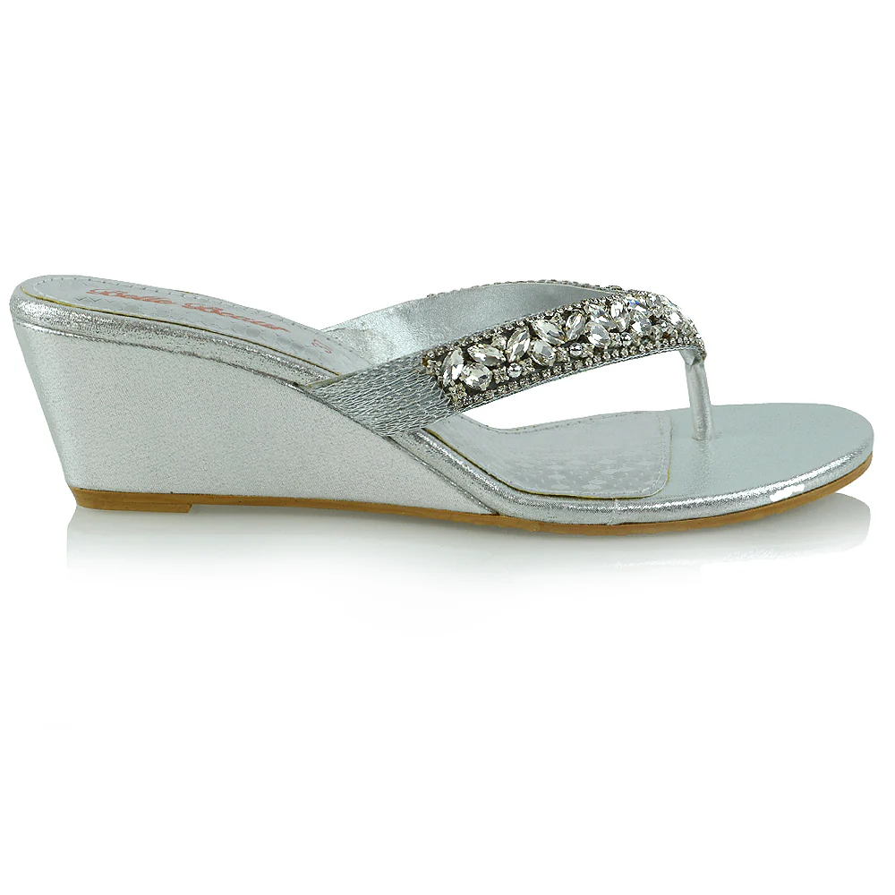 Delilah Toe Post Diamante Strappy Wedge Heel Sandal Mules In Silver - Image 2