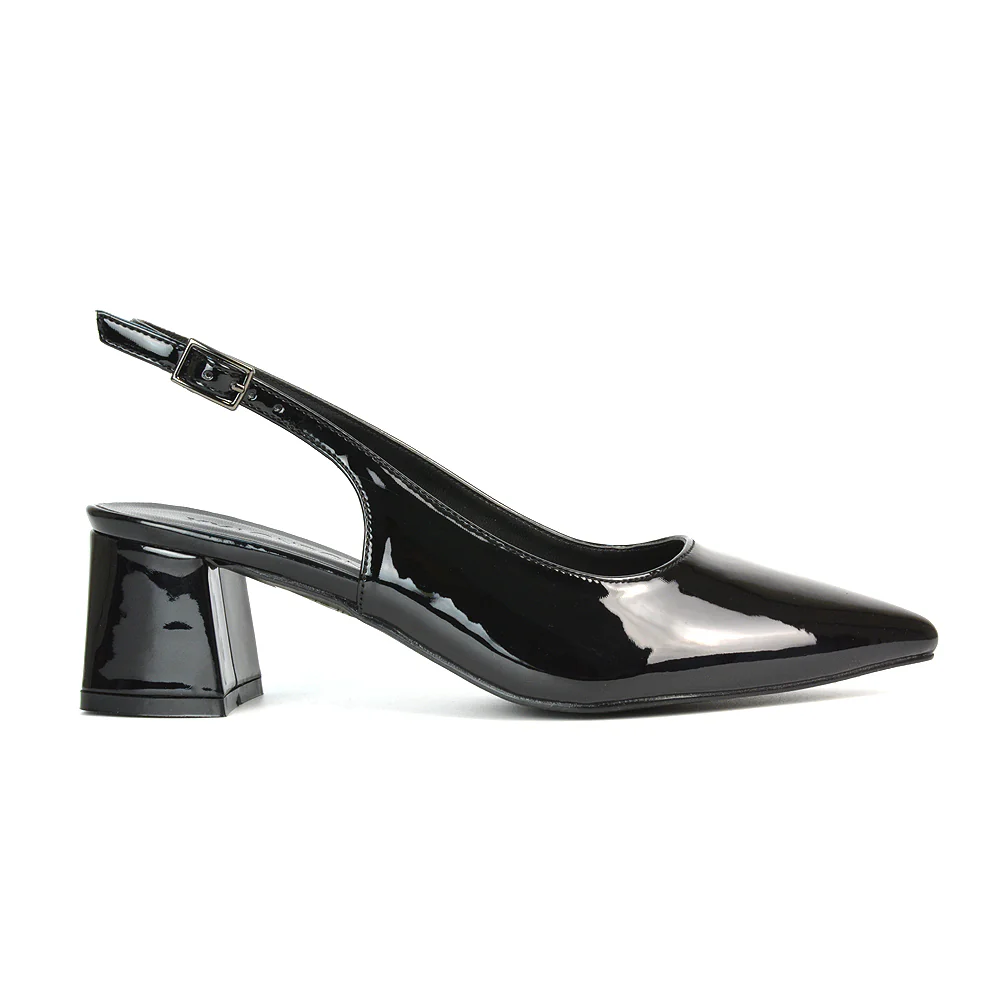 Devon Low Block Heel Slingback Pointed Toe Shoes in Black Faux Suede - Image 34