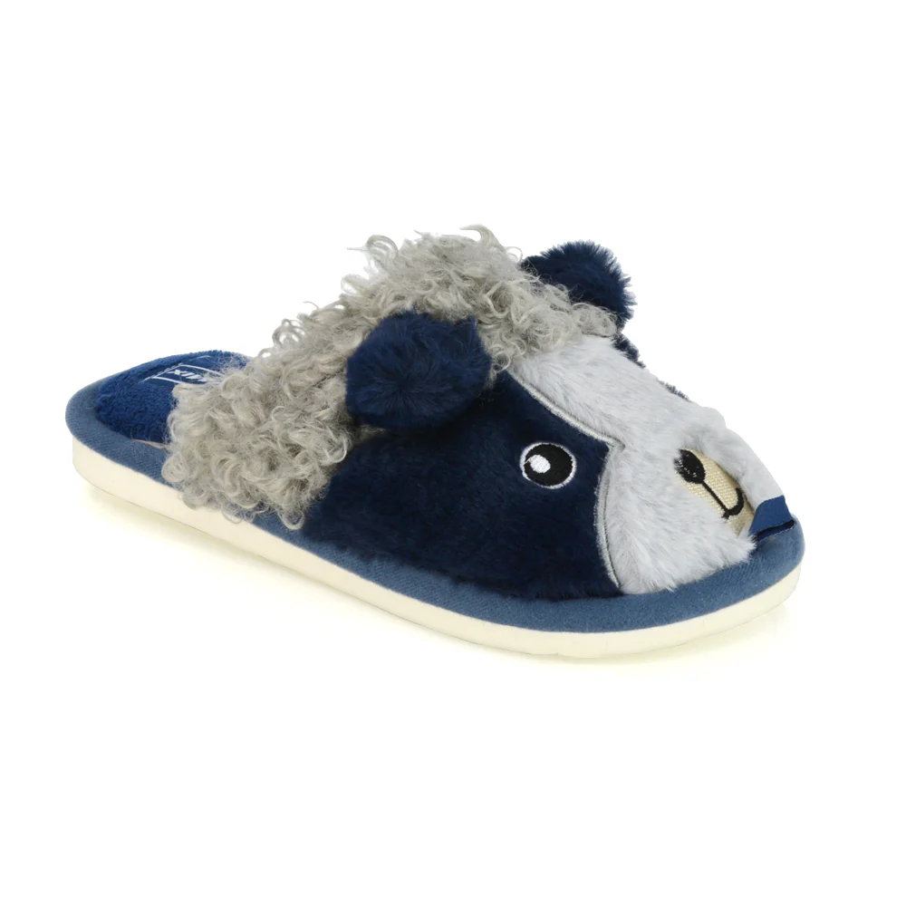 Dinah Faux Fur Fluffy Animal Design Cosy Close Toe Flat Mule Slippers in Navy - Image 17