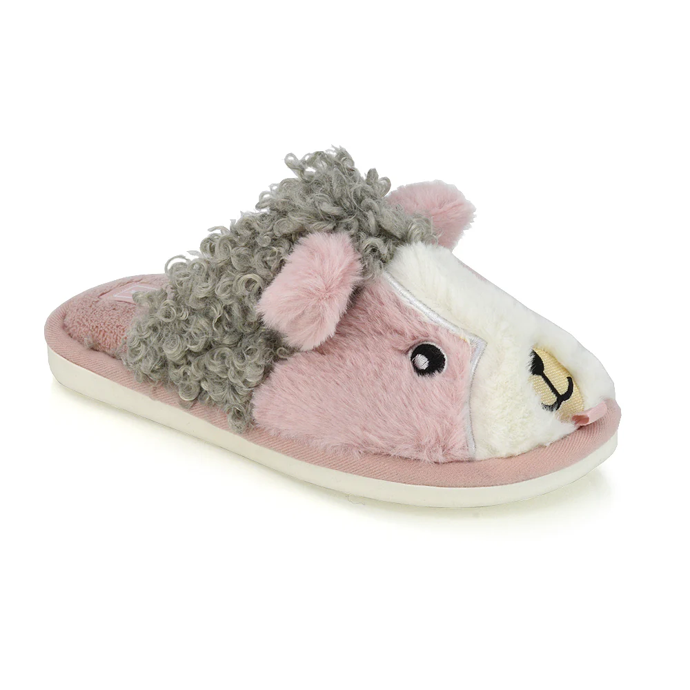 Dinah Faux Fur Fluffy Animal Design Cosy Close Toe Flat Mule Slippers in Orange - Image 56