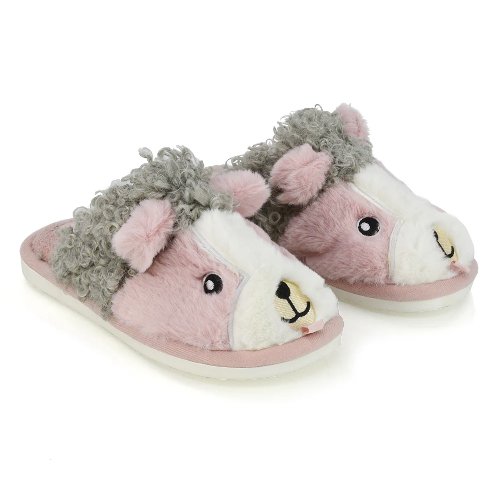 Dinah Faux Fur Fluffy Animal Design Cosy Close Toe Flat Mule Slippers in Orange - Image 57
