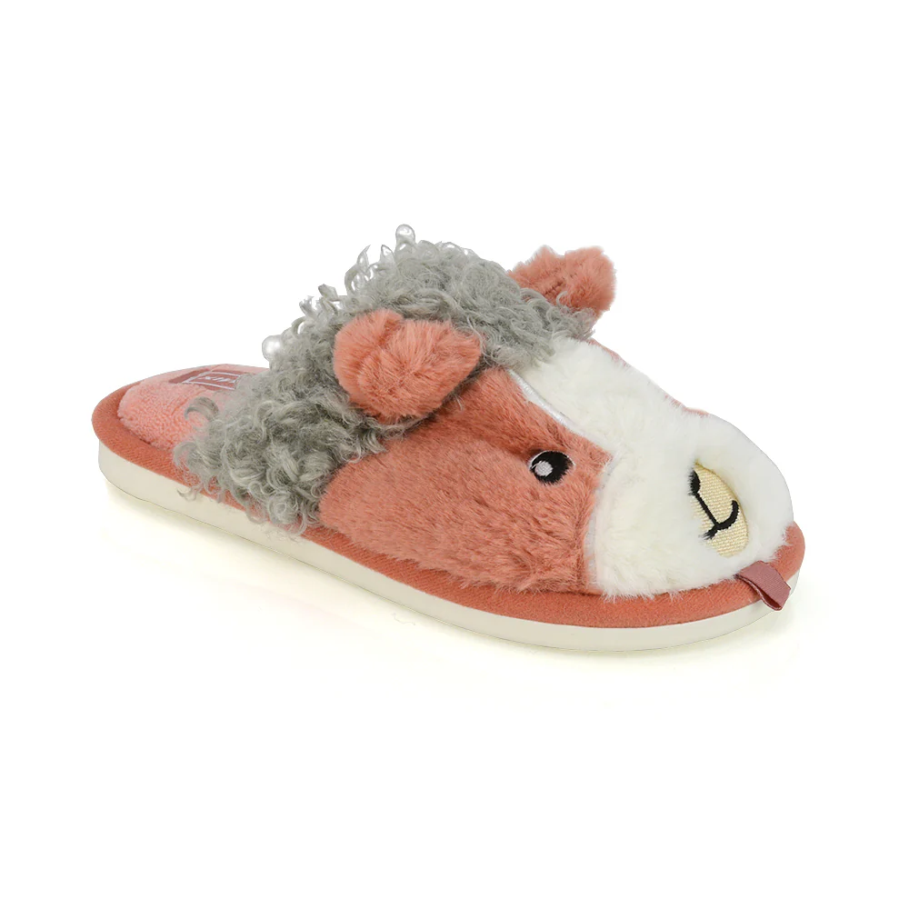 Dinah Faux Fur Fluffy Animal Design Cosy Close Toe Flat Mule Slippers in Pink - Image 23