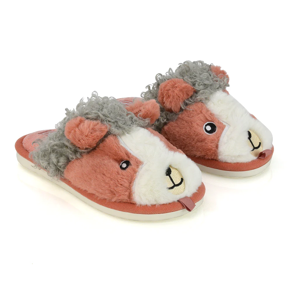 Dinah Faux Fur Fluffy Animal Design Cosy Close Toe Flat Mule Slippers in Pink - Image 30