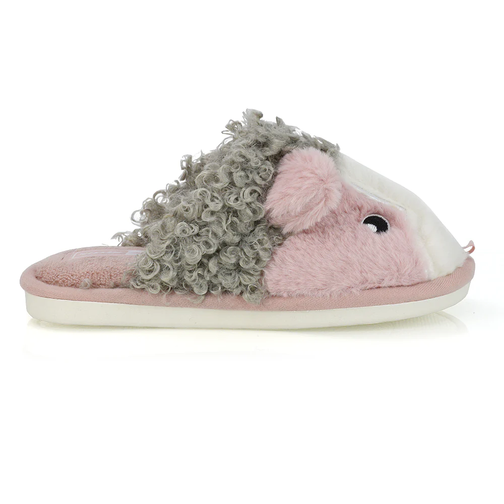Dinah Faux Fur Fluffy Animal Design Cosy Close Toe Flat Mule Slippers in Pink - Image 52