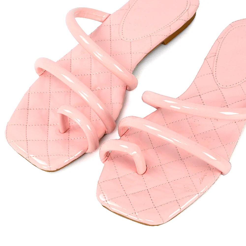 Dionne Quilted Insole Flat Square Toe Slip on Toe Ring Sandal Slides in Mint - Image 100