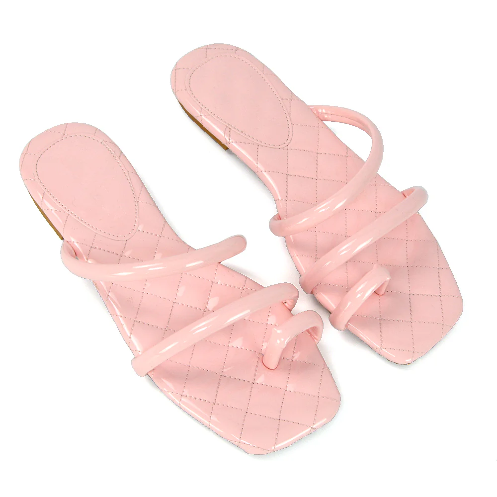 Dionne Quilted Insole Flat Square Toe Slip on Toe Ring Sandal Slides in Mint - Image 104