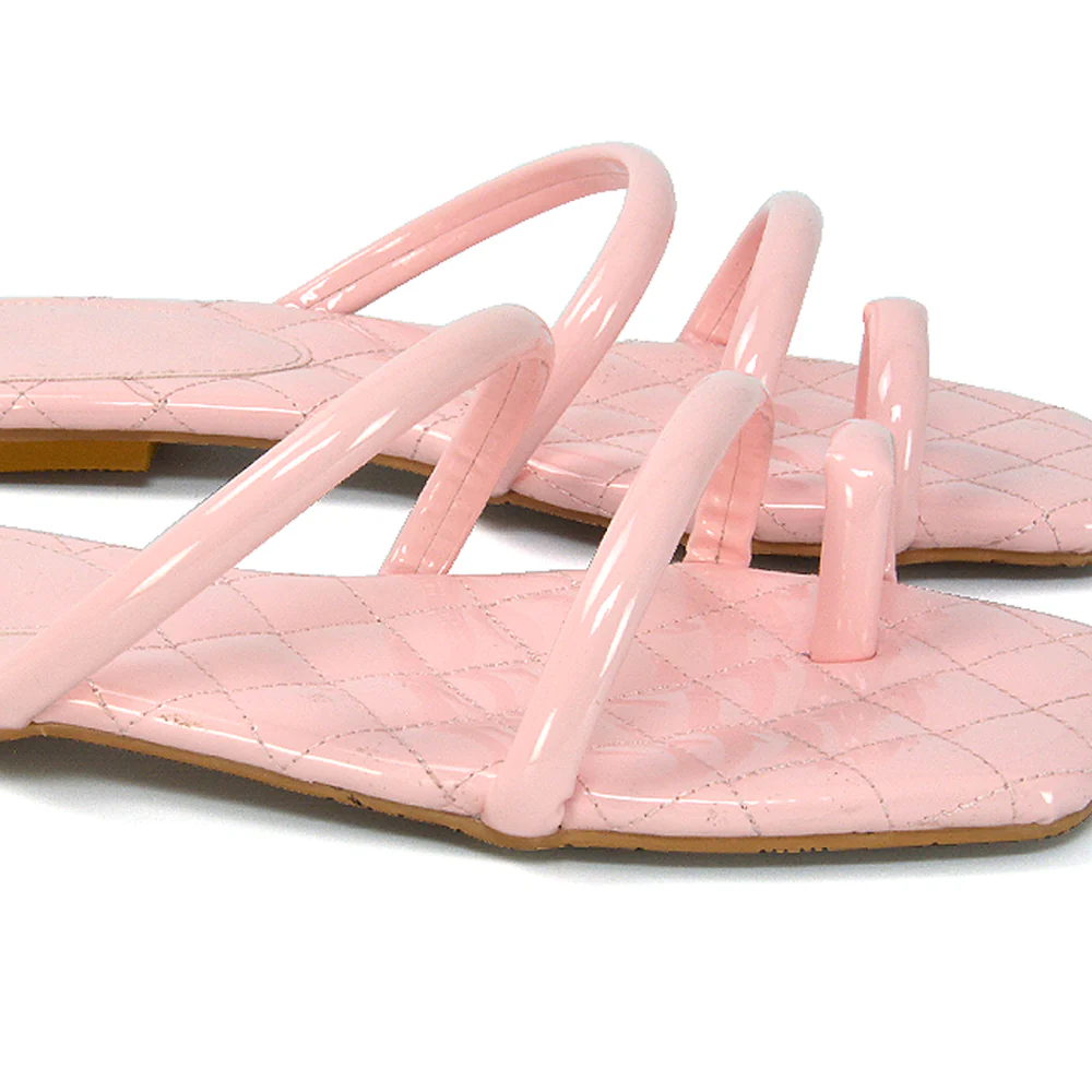 Dionne Quilted Insole Flat Square Toe Slip on Toe Ring Sandal Slides in Mint - Image 117