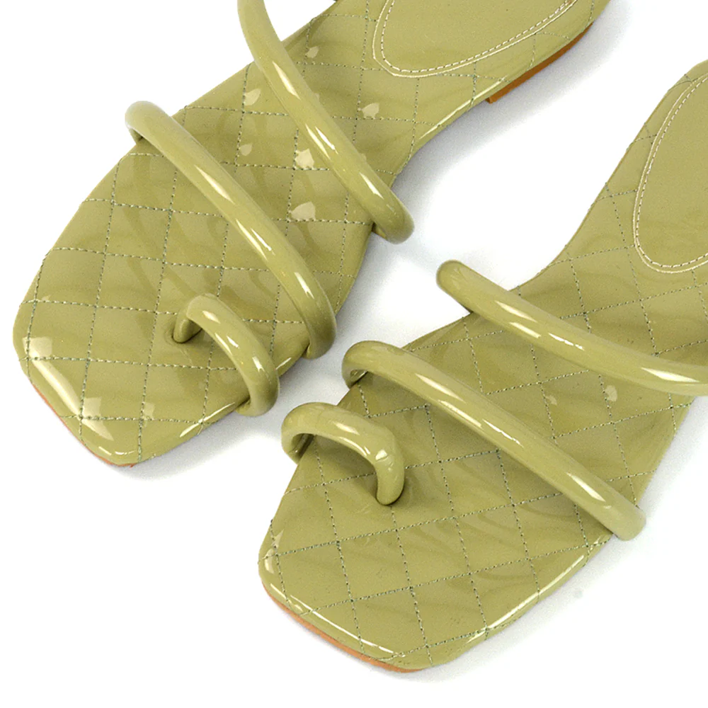 Dionne Quilted Insole Flat Square Toe Slip on Toe Ring Sandal Slides in Mint - Image 30