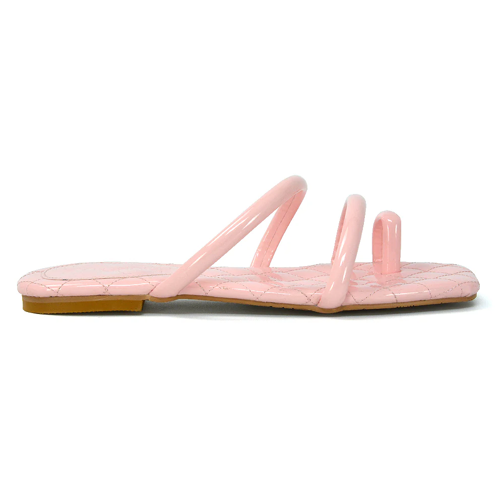 Dionne Quilted Insole Flat Square Toe Slip on Toe Ring Sandal Slides in Pink - Image 123