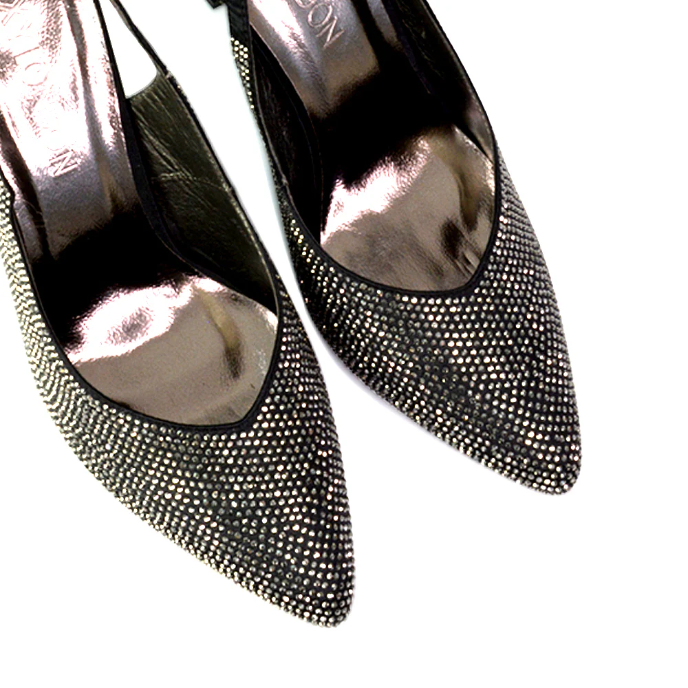 Divine Diamante Pointed Toe Slingback Bridal High Heel Stilettos in Black - Image 2